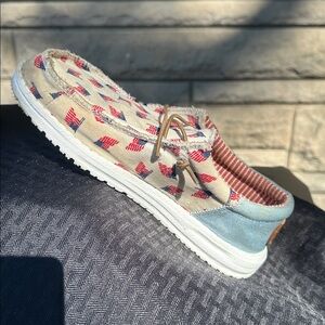 Hey Dude Red and Blue Striped Slip-Ons